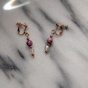 Handcrafted Elegant Pink & Purple and Rose Gold Drop Clip On Earrings